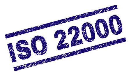ISO 22000 seal imprint with grunge style. Blue vector rubber print of ISO 22000 tag with grunge texture. Text tag is placed between parallel lines.のイラスト素材