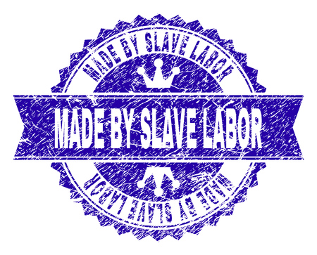 MADE BY SLAVE LABOR rosette stamp seal imitation with grunge effect. Designed with round rosette, ribbon and small crowns. Blue vector rubber watermark of MADE BY SLAVE LABOR tag with grunge texture.のイラスト素材