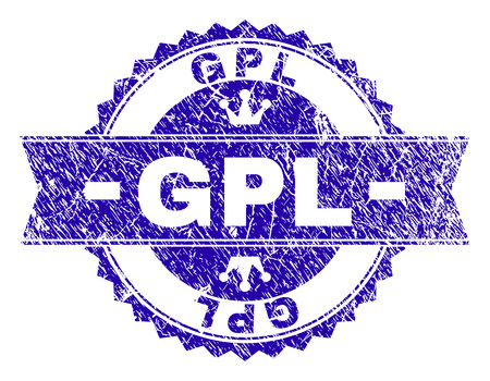 GPL rosette stamp watermark with grunge effect. Designed with round rosette, ribbon and small crowns. Blue vector rubber watermark of GPL caption with grunge style.のイラスト素材