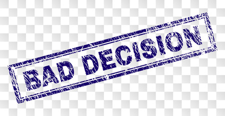 BAD DECISION stamp seal imprint with rubber print style and double framed rectangle shape. Stamp is placed on a transparent background.のイラスト素材