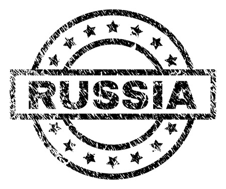 RUSSIA stamp seal watermark with distress style. Designed with rectangle, circles and stars. Black vector rubber print of RUSSIA tag with retro texture.のイラスト素材