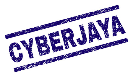 CYBERJAYA seal print with distress style. Blue vector rubber print of CYBERJAYA text with grunge texture. Text caption is placed between parallel lines.のイラスト素材