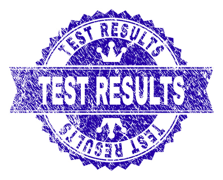 TEST RESULTS rosette stamp imitation with grunge texture. Designed with round rosette, ribbon and small crowns. Blue vector rubber watermark of TEST RESULTS tag with corroded texture.のイラスト素材