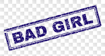 BAD GIRL stamp seal print with rubber print style and double framed rectangle shape. Stamp is placed on a transparent background. Blue vector rubber print of BAD GIRL tag with unclean texture.のイラスト素材