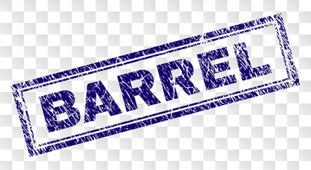 BARREL stamp seal print with rubber print style and double framed rectangle shape. Stamp is placed on a transparent background. Blue vector rubber print of BARREL label with retro texture.のイラスト素材