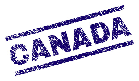 CANADA seal print with scratced style. Blue vector rubber print of CANADA text with unclean texture. Text caption is placed between parallel lines.のイラスト素材