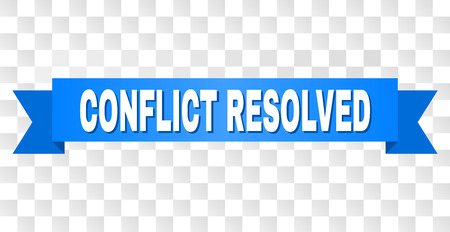 CONFLICT RESOLVED text on a ribbon. Designed with white title and blue tape. Vector banner with CONFLICT RESOLVED tag on a transparent background.のイラスト素材