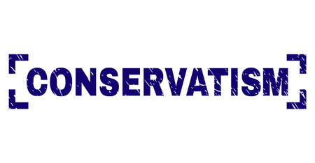 CONSERVATISM caption seal print with grunge texture. Text caption is placed between corners. Blue vector rubber print of CONSERVATISM with retro texture.のイラスト素材