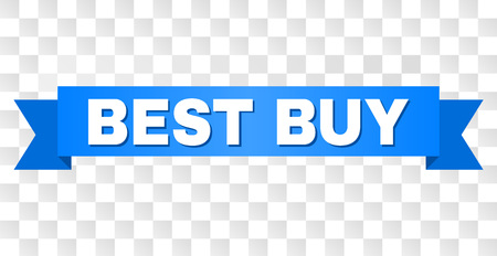 BEST BUY text on a ribbon. Designed with white caption and blue tape. Vector banner with BEST BUY tag on a transparent background.のイラスト素材