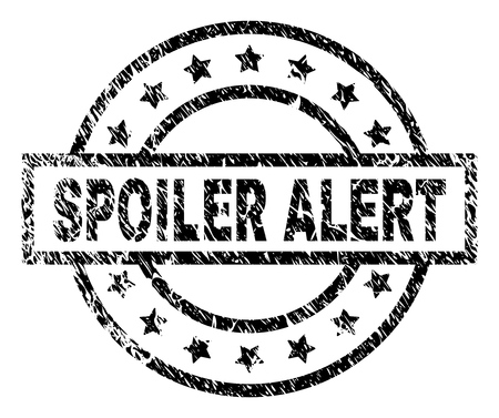 SPOILER ALERT stamp seal watermark with distress style. Designed with rectangle, circles and stars. Black vector rubber print of SPOILER ALERT label with grunge texture.のイラスト素材