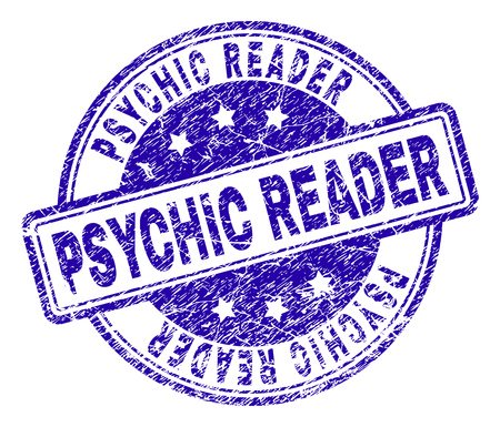 PSYCHIC READER stamp seal imprint with grunge texture. Designed with rounded rectangles and circles. Blue vector rubber print of PSYCHIC READER label with grunge texture.のイラスト素材