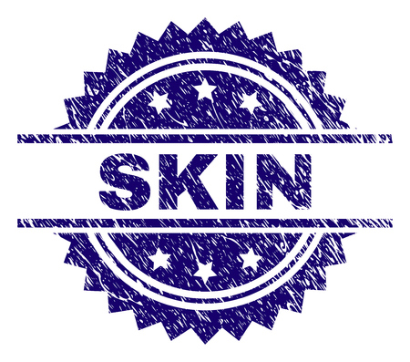 SKIN stamp seal watermark with distress style. Blue vector rubber print of SKIN caption with unclean texture.のイラスト素材