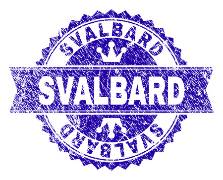 SVALBARD rosette seal watermark with grunge texture. Designed with round rosette, ribbon and small crowns. Blue vector rubber watermark of SVALBARD text with scratched style.のイラスト素材
