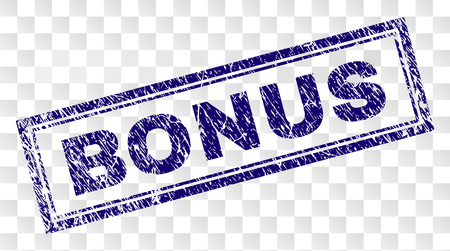 BONUS stamp seal print with corroded style and double framed rectangle shape. Stamp is placed on a transparent background. Blue vector rubber print of BONUS title with corroded texture.のイラスト素材