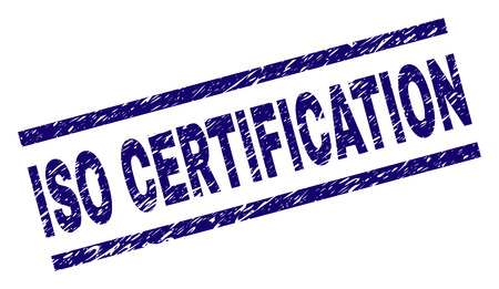ISO CERTIFICATION seal print with grunge style. Blue vector rubber print of ISO CERTIFICATION title with unclean texture. Text title is placed between parallel lines.のイラスト素材
