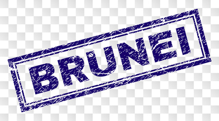 BRUNEI stamp seal print with rubber print style and double framed rectangle shape. Stamp is placed on a transparent background. Blue vector rubber print of BRUNEI text with grunge texture.のイラスト素材