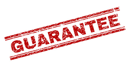 GUARANTEE seal print with corroded texture. Red vector rubber print of GUARANTEE caption with grunge texture. Text caption is placed between double parallel lines.のイラスト素材