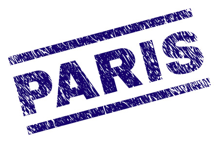 PARIS seal imprint with grunge style. Blue vector rubber print of PARIS text with grunge texture. Text tag is placed between parallel lines.のイラスト素材