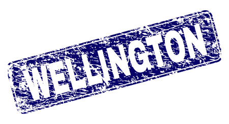 WELLINGTON stamp seal print with distress style. Seal shape is a rounded rectangle with frame. Blue vector rubber print of WELLINGTON title with grunge style.のイラスト素材
