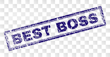 BEST BOSS stamp seal imprint with rubber print style and double framed rectangle shape. Stamp is placed on a transparent background. Blue vector rubber print of BEST BOSS caption with dust texture.のイラスト素材