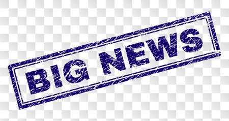 BIG NEWS stamp seal print with rubber print style and double framed rectangle shape. Stamp is placed on a transparent background. Blue vector rubber print of BIG NEWS caption with grunge texture.のイラスト素材