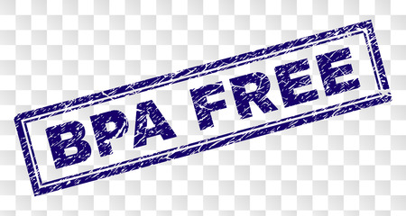 BPA FREE stamp seal print with rubber print style and double framed rectangle shape. Stamp is placed on a transparent background. Blue vector rubber print of BPA FREE title with unclean texture.のイラスト素材