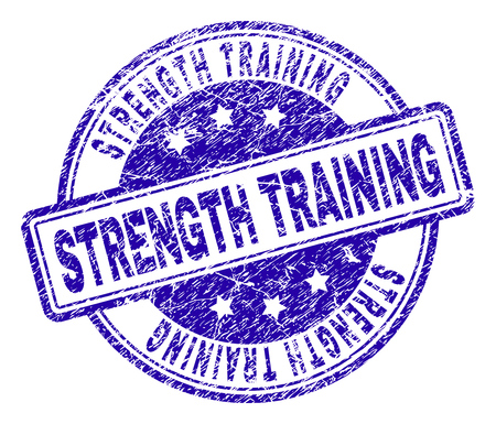 STRENGTH TRAINING stamp seal watermark with grunge texture. Designed with rounded rectangles and circles. Blue vector rubber print of STRENGTH TRAINING tag with dust texture.のイラスト素材