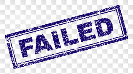 FAILED stamp seal imprint with rubber print style and double framed rectangle shape. Stamp is placed on a transparent background. Blue vector rubber print of FAILED caption with corroded texture.のイラスト素材