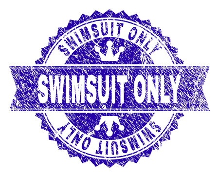 SWIMSUIT ONLY rosette seal imprint with grunge effect. Designed with round rosette, ribbon and small crowns. Blue vector rubber watermark of SWIMSUIT ONLY title with grunge texture.のイラスト素材