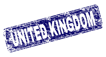 UNITED KINGDOM stamp seal print with grunge texture. Seal shape is a rounded rectangle with frame. Blue vector rubber print of UNITED KINGDOM label with dust texture.のイラスト素材