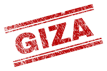 GIZA seal print with distress texture. Red vector rubber print of GIZA title with retro texture. Text title is placed between double parallel lines.のイラスト素材