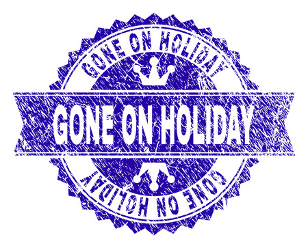 GONE ON HOLIDAY rosette seal watermark with grunge texture. Designed with round rosette, ribbon and small crowns. Blue vector rubber print of GONE ON HOLIDAY title with corroded texture.のイラスト素材
