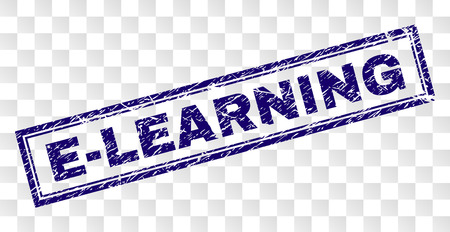 E-LEARNING stamp seal imprint with rubber print style and double framed rectangle shape. Stamp is placed on a transparent background. Blue vector rubber print of E-LEARNING label with grunge texture.のイラスト素材