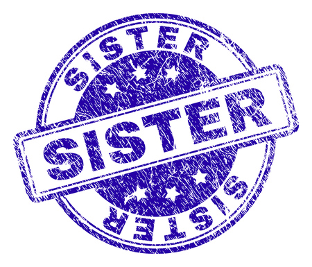 SISTER stamp seal imprint with grunge texture. Designed with rounded rectangles and circles. Blue vector rubber print of SISTER title with grunge texture.のイラスト素材