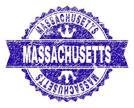 MASSACHUSETTS rosette seal overlay with grunge texture. Designed with round rosette, ribbon and small crowns. Blue vector rubber watermark of MASSACHUSETTS title with scratched texture.のイラスト素材