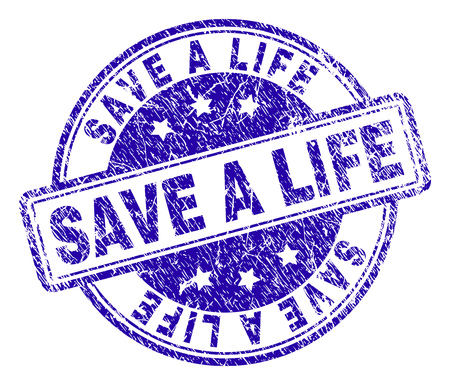 SAVE A LIFE stamp seal watermark with grunge texture. Designed with rounded rectangles and circles. Blue vector rubber print of SAVE A LIFE caption with grunge texture.のイラスト素材