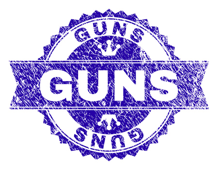 GUNS rosette stamp seal watermark with distress texture. Designed with round rosette, ribbon and small crowns. Blue vector rubber watermark of GUNS label with grunge texture.のイラスト素材