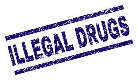 ILLEGAL DRUGS seal print with grunge style. Blue vector rubber print of ILLEGAL DRUGS caption with grunge texture. Text caption is placed between parallel lines.のイラスト素材
