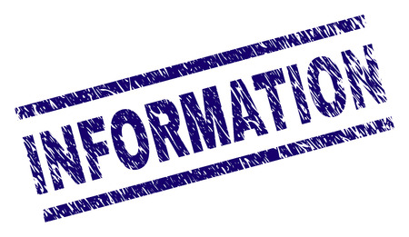 INFORMATION seal print with scratced style. Blue vector rubber print of INFORMATION text with scratched texture. Text tag is placed between parallel lines.のイラスト素材