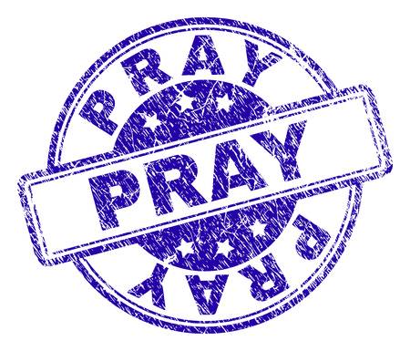 PRAY stamp seal watermark with distress texture. Designed with rounded rectangles and circles. Blue vector rubber print of PRAY tag with dust texture.のイラスト素材