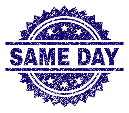 SAME DAY stamp seal watermark with distress style. Blue vector rubber print of SAME DAY label with scratched texture.のイラスト素材