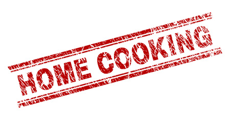 HOME COOKING seal watermark with grunge texture. Red vector rubber print of HOME COOKING text with dirty texture. Text tag is placed between double parallel lines.のイラスト素材