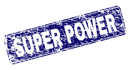 SUPER POWER stamp seal print with grunge texture. Seal shape is a rounded rectangle with frame. Blue vector rubber print of SUPER POWER caption with scratched texture.のイラスト素材