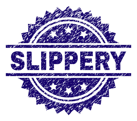 SLIPPERY stamp seal watermark with distress style. Blue vector rubber print of SLIPPERY text with dust texture.のイラスト素材