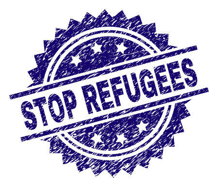 STOP REFUGEES stamp seal watermark with distress style. Blue vector rubber print of STOP REFUGEES title with grunge texture.のイラスト素材