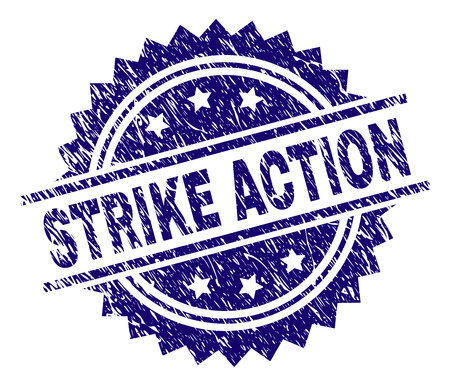 STRIKE ACTION stamp seal watermark with distress style. Blue vector rubber print of STRIKE ACTION caption with scratched texture.のイラスト素材