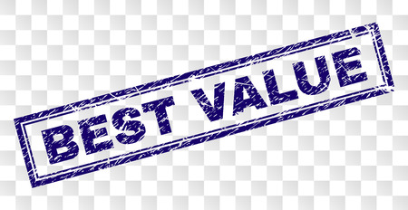 BEST VALUE stamp seal print with scratched style and double framed rectangle shape. Stamp is placed on a transparent background. Blue vector rubber print of BEST VALUE caption with scratched texture.のイラスト素材