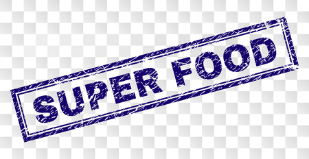 SUPER FOOD stamp seal print with rubber print style and double framed rectangle shape. Stamp is placed on a transparent background. Blue vector rubber print of SUPER FOOD text with unclean texture.のイラスト素材