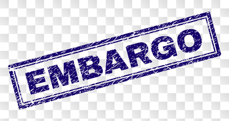 EMBARGO stamp seal print with rubber print style and double framed rectangle shape. Stamp is placed on a transparent background. Blue vector rubber print of EMBARGO title with retro texture.のイラスト素材