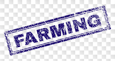 FARMING stamp seal print with rubber print style and double framed rectangle shape. Stamp is placed on a transparent background. Blue vector rubber print of FARMING title with retro texture.のイラスト素材